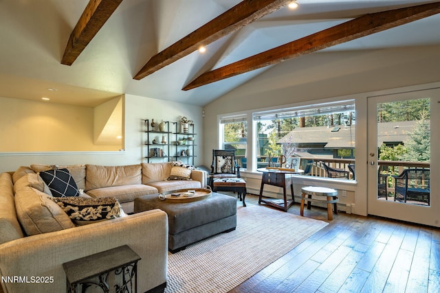 625 Freel Dr, Zephyr Cove, NV 89448 - living room featuring beamed ceiling, hardwood / wood-style flooring, and high vaulted ceiling