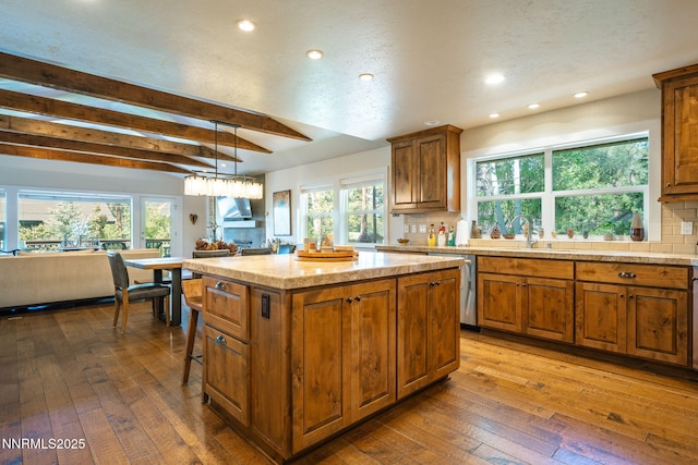 625 Freel Dr, Zephyr Cove, NV 89448 - kitchen with open floor plan, recessed lighting, dark wood finished floors, beamed ceiling, and a kitchen island