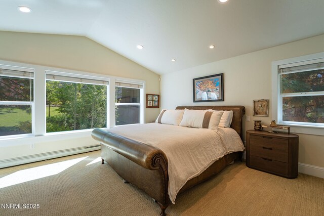 625 Freel Dr, Zephyr Cove, NV 89448 - bedroom featuring light carpet, vaulted ceiling, recessed lighting, and a baseboard radiator