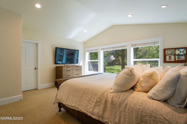 625 Freel Dr, Zephyr Cove, NV 89448 - bedroom featuring lofted ceiling, light carpet, and recessed lighting