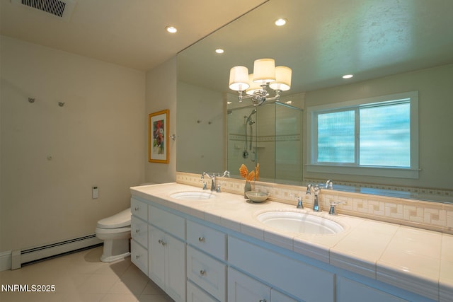 625 Freel Dr, Zephyr Cove, NV 89448 - bathroom featuring a baseboard radiator, a shower stall, double vanity, recessed lighting, and tile patterned floors