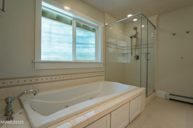 625 Freel Dr, Zephyr Cove, NV 89448 - bathroom featuring a stall shower, a tub with jets, tile patterned floors, and baseboard heating