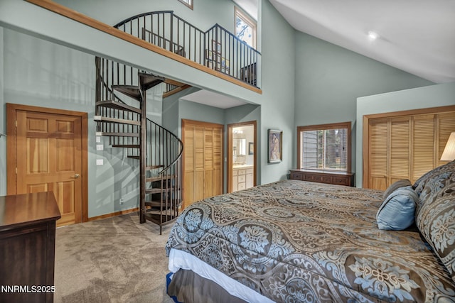 914 Jennifer St, Incline Village, NV 89451 - carpeted bedroom with high vaulted ceiling, a closet, and baseboards