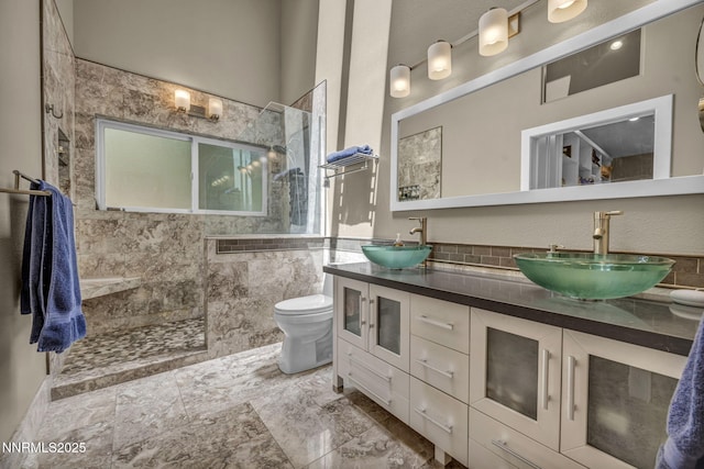 914 Jennifer St, Incline Village, NV 89451 - bathroom with double vanity, walk in shower, toilet, and tile walls