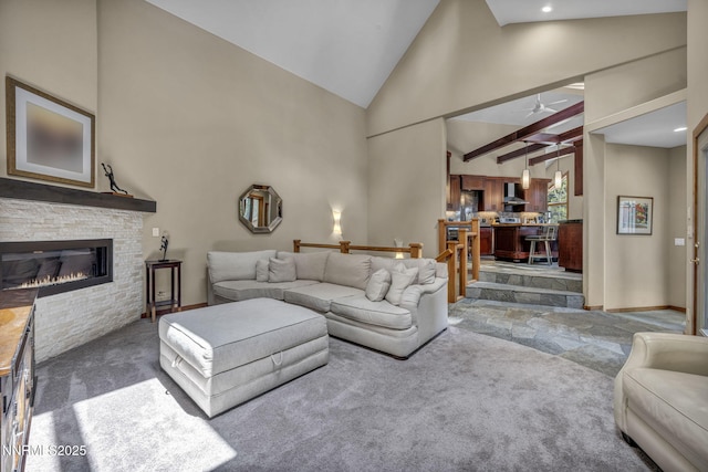 914 Jennifer St, Incline Village, NV 89451 - carpeted living room with high vaulted ceiling, a ceiling fan, a fireplace, and baseboards