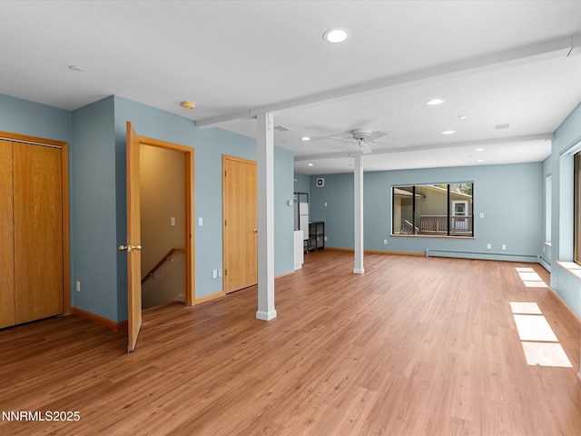 315 Paiute Dr, Zephyr Cove, NV 89448 - unfurnished living room featuring baseboard heating, light wood finished floors, recessed lighting, and ceiling fan