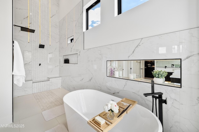 3041 Palmer Pointe Ct, Reno, NV 89511 - full bath with tile walls, a freestanding tub, a marble finish shower, and a high ceiling