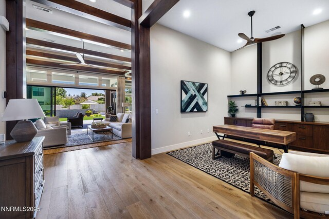 208 Criollo Ct, Reno, NV 89511 - office area featuring ceiling fan, baseboards, wood-type flooring, recessed lighting, and beam ceiling