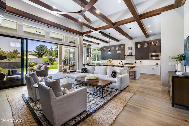 208 Criollo Ct, Reno, NV 89511 - living room with beam ceiling, ceiling fan, light wood-type flooring, and recessed lighting
