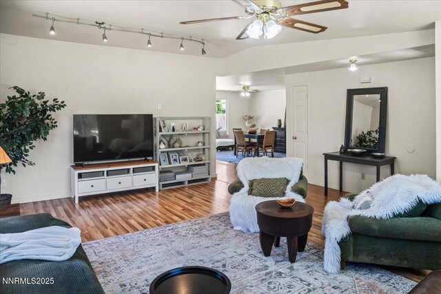 806 Bluerock Rd, Gardnerville, NV 89460 - living room with ceiling fan, wood finished floors, and vaulted ceiling