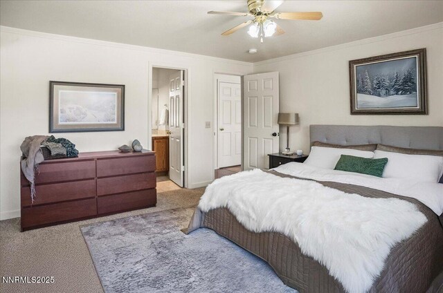 806 Bluerock Rd, Gardnerville, NV 89460 - bedroom featuring carpet flooring, baseboards, crown molding, ensuite bath, and ceiling fan