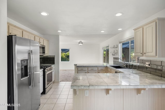5170 Lorenzo Ln, Sparks, NV 89436 - kitchen featuring stainless steel appliances, a sink, a peninsula, plenty of natural light, and recessed lighting