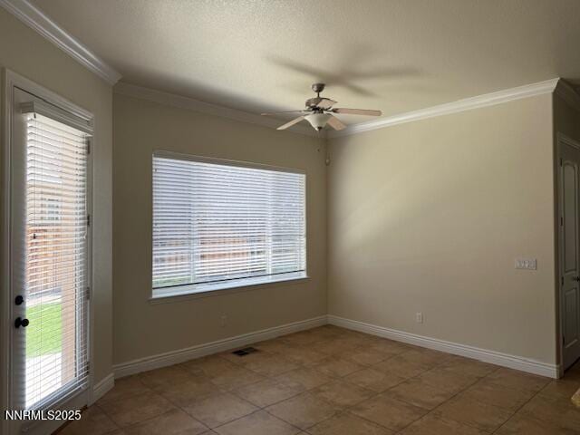 1313 Cedar Creek Cir, Gardnerville, NV 89460 - spare room featuring crown molding, a ceiling fan, and light tile patterned floors
