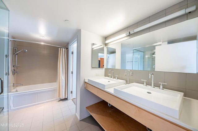 255 N Sierra St Unit 1012, Reno, NV 89501 - bathroom with tile patterned floors, shower / bath combo with shower curtain, and double vanity