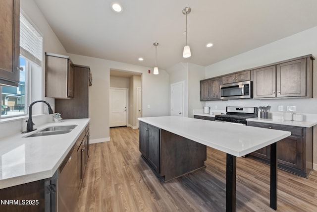 1170 Montevideo Cir, Minden, NV 89423 - kitchen with stainless steel appliances, a sink, dark brown cabinets, light wood-style floors, and recessed lighting