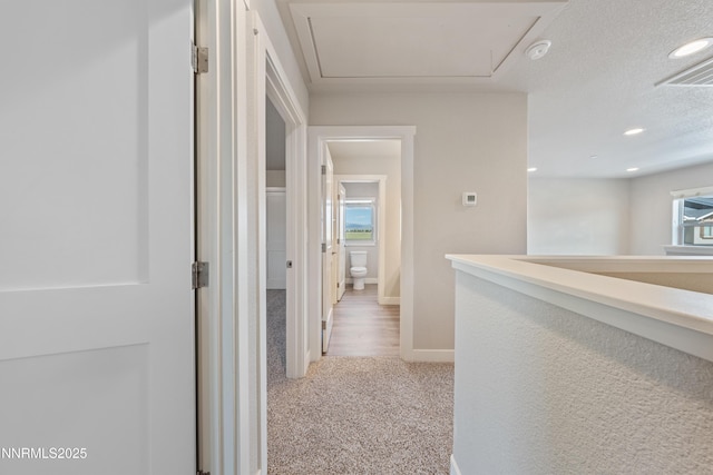 1170 Montevideo Cir, Minden, NV 89423 - hallway featuring carpet flooring, attic access, baseboards, and recessed lighting