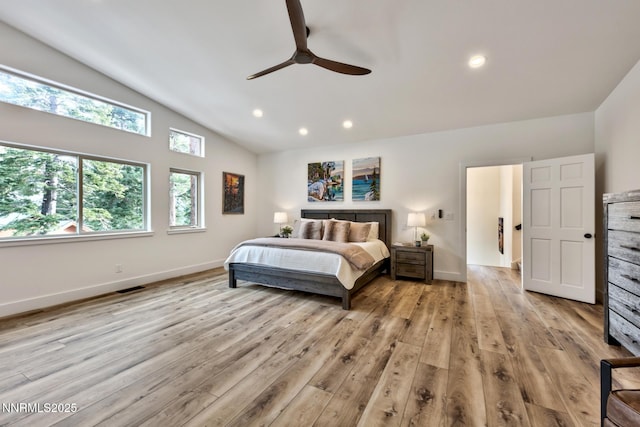 997 Dorcey Dr, Incline Village, NV 89451 - bedroom featuring vaulted ceiling, light wood-type flooring, recessed lighting, baseboards, and a ceiling fan
