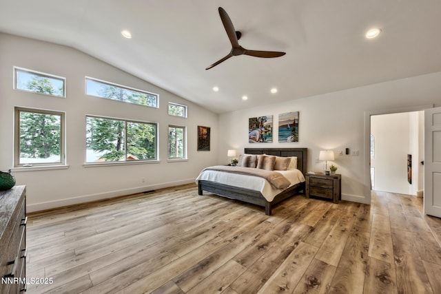 997 Dorcey Dr, Incline Village, NV 89451 - bedroom featuring lofted ceiling, recessed lighting, light wood finished floors, baseboards, and a ceiling fan