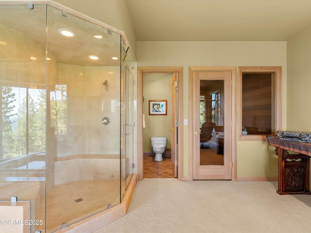563 Knotty Pine Dr, Incline Village, NV 89451 - full bath featuring a stall shower, toilet, baseboards, recessed lighting, and french doors