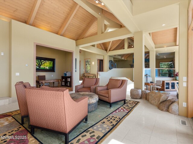563 Knotty Pine Dr, Incline Village, NV 89451 - tiled living area with wooden ceiling with exposed beams and high vaulted ceiling