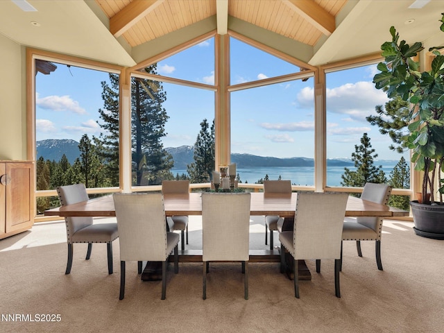 563 Knotty Pine Dr, Incline Village, NV 89451 - carpeted dining area featuring a water and mountain view and wooden ceiling