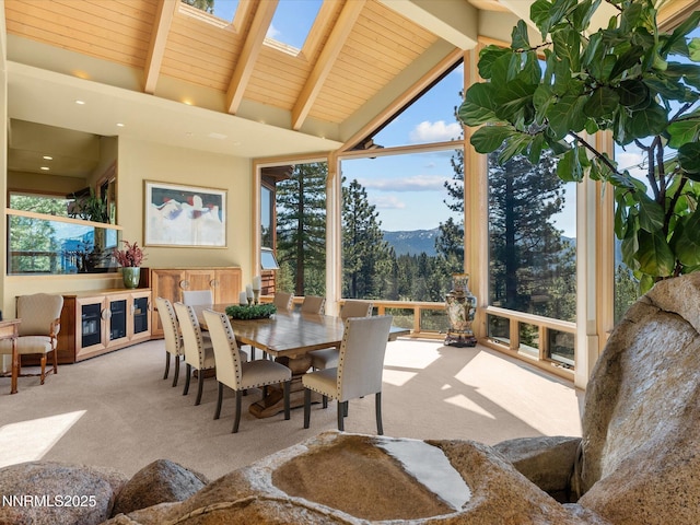 563 Knotty Pine Dr, Incline Village, NV 89451 - sunroom with carpet, beam ceiling, a mountain view, high vaulted ceiling, and a skylight