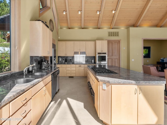 563 Knotty Pine Dr, Incline Village, NV 89451 - kitchen with light brown cabinets, wood ceiling with exposed beams, appliances with stainless steel finishes, decorative backsplash, and a sink