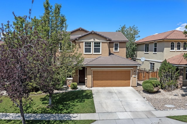 7121 Jermann Dr, Sparks, NV 89436 - view of front of property with a tiled roof, driveway, a garage, and stucco siding