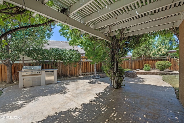 7121 Jermann Dr, Sparks, NV 89436 - fenced backyard featuring a grill, an outdoor fire pit, a patio area, and a pergola