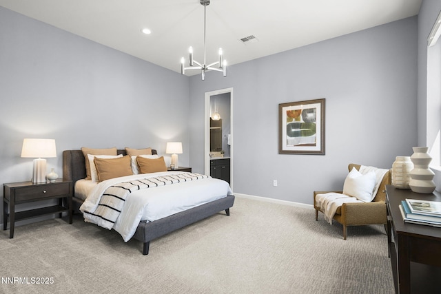 9192 Graycliff Ln, Reno, NV 89523 - bedroom with light carpet, a chandelier, baseboards, ensuite bathroom, and recessed lighting