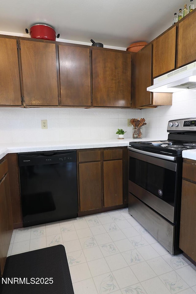 3191 Crescent Ct, Sparks, NV 89431 - kitchen featuring electric stove, black dishwasher, under cabinet range hood, light countertops, and backsplash