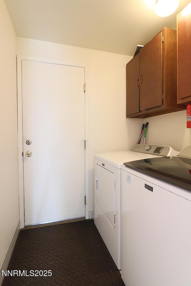 3191 Crescent Ct, Sparks, NV 89431 - laundry room with cabinet space, washing machine and dryer, and dark colored carpet