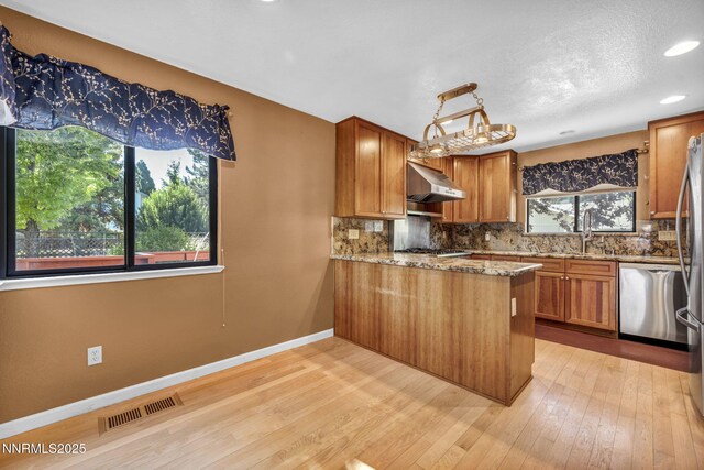 285 Lemming Dr, Reno, NV 89523 - kitchen featuring ventilation hood, stainless steel appliances, backsplash, light wood-type flooring, and recessed lighting