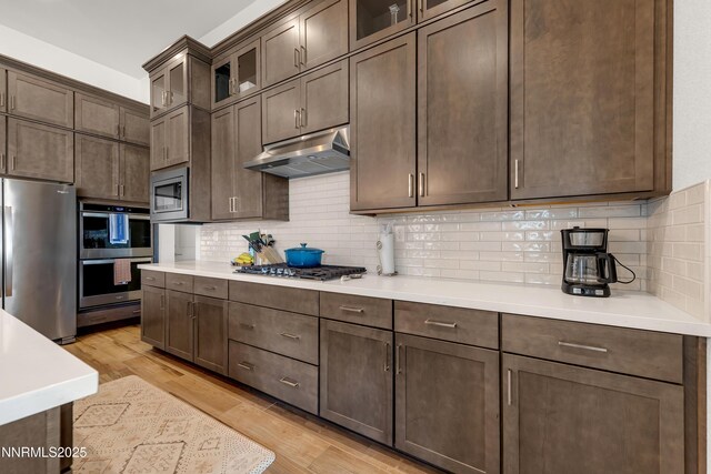611 Camargue Trl, Reno, NV 89511 - kitchen with appliances with stainless steel finishes, under cabinet range hood, backsplash, and light wood-type flooring