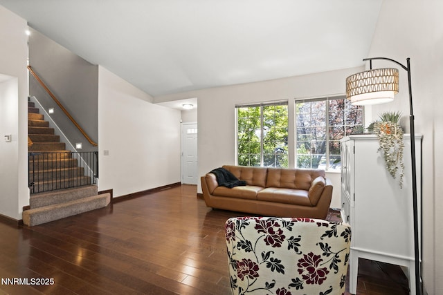 6055 Stonecreek Dr, Reno, NV 89511 - living room featuring hardwood / wood-style floors, stairs, and vaulted ceiling