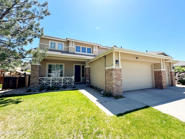 6726 Runnymede Dr, Sparks, NV 89436 - prairie-style home with stucco siding, a garage, concrete driveway, a porch, and stone siding
