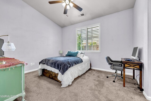 8975 Sorcha St, Reno, NV 89506 - bedroom with carpet, vaulted ceiling, baseboards, an office area, and ceiling fan