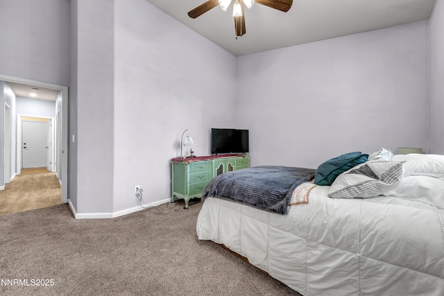 8975 Sorcha St, Reno, NV 89506 - bedroom with carpet floors, baseboards, ceiling fan, and high vaulted ceiling