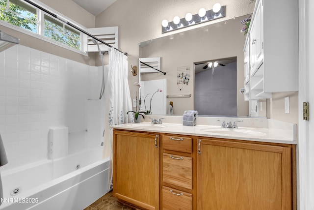 8975 Sorcha St, Reno, NV 89506 - bathroom featuring shower / bathtub combination with curtain, double vanity, and ceiling fan