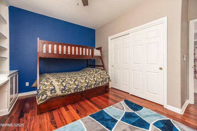 867 Mahogany Dr, Minden, NV 89423 - bedroom featuring a closet, wood finished floors, baseboards, and a ceiling fan