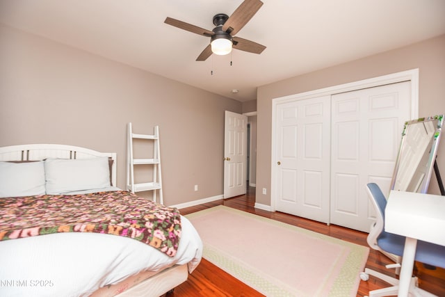 867 Mahogany Dr, Minden, NV 89423 - bedroom featuring wood finished floors, a closet, ceiling fan, and baseboards