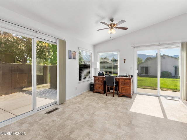 1772 Shamrock Cir, Minden, NV 89423 - home office featuring lofted ceiling, a ceiling fan, and baseboards
