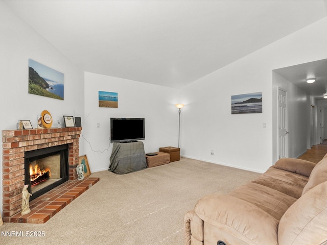 1772 Shamrock Cir, Minden, NV 89423 - carpeted living room with baseboards, lofted ceiling, and a fireplace