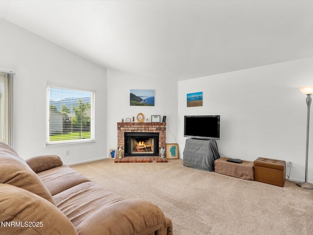 1772 Shamrock Cir, Minden, NV 89423 - living area with carpet floors, a fireplace, baseboards, and lofted ceiling