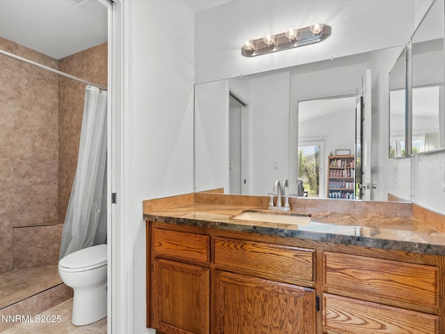 1772 Shamrock Cir, Minden, NV 89423 - full bathroom with vanity, toilet, a tile shower, and tile patterned flooring