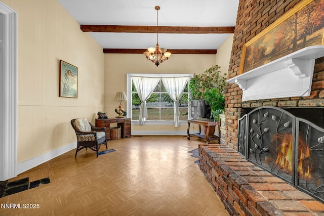 2350 Jacks Valley Rd, Genoa, NV 89411 - sitting room with baseboards, beam ceiling, a chandelier, and a brick fireplace