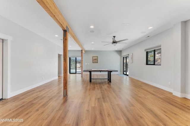 2620 Old Ranch Rd, Gardnerville, NV 89410 - recreation room with recessed lighting, light wood-style floors, and ceiling fan