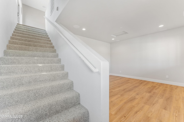 2620 Old Ranch Rd, Gardnerville, NV 89410 - staircase with wood finished floors, attic access, and recessed lighting