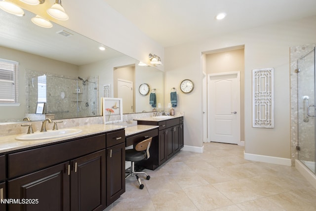 10460 Mott Ct, Reno, NV 89521 - bathroom with a stall shower, vanity, tile patterned flooring, recessed lighting, and baseboards