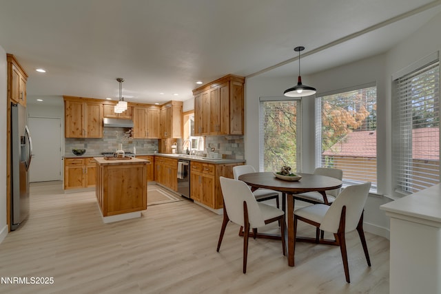 471 Kent Way, Zephyr Cove, NV 89448 - kitchen featuring appliances with stainless steel finishes, under cabinet range hood, healthy amount of natural light, light wood-style flooring, and recessed lighting